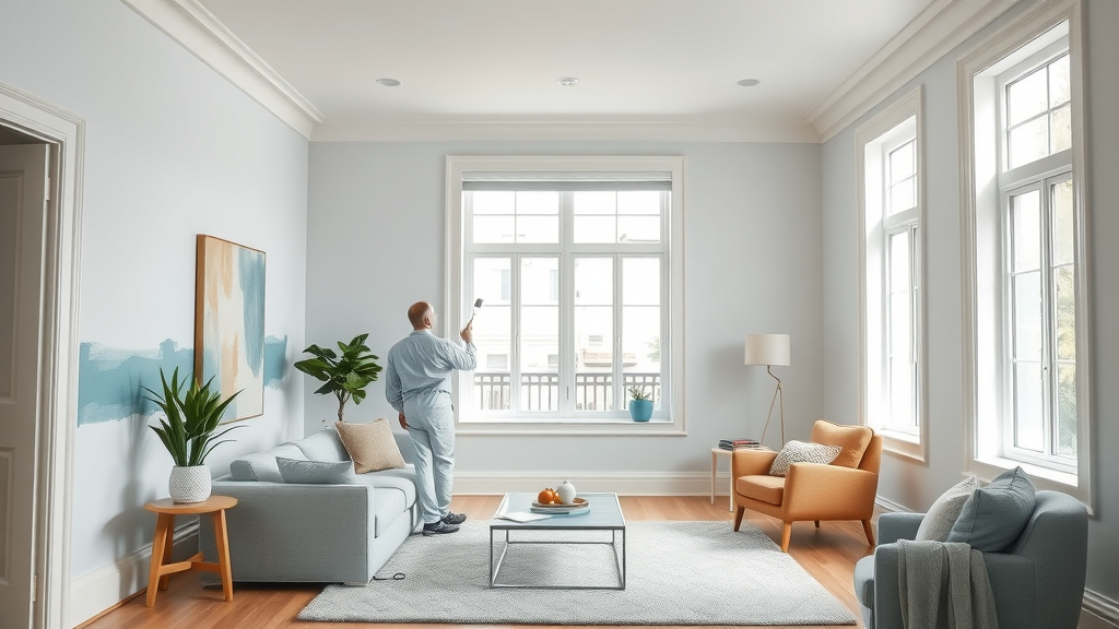Professional painter enhancing modern living room with residential interior painting
