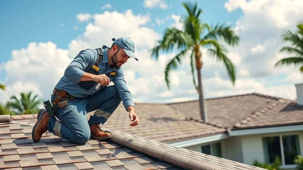 Roofing technician conducting annual roof maintenance on sunny Florida day.