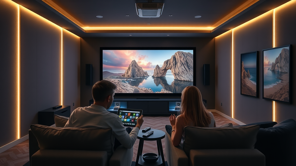 Home theater installation near San Carlos, CA with smart controls and immersive surround sound system.