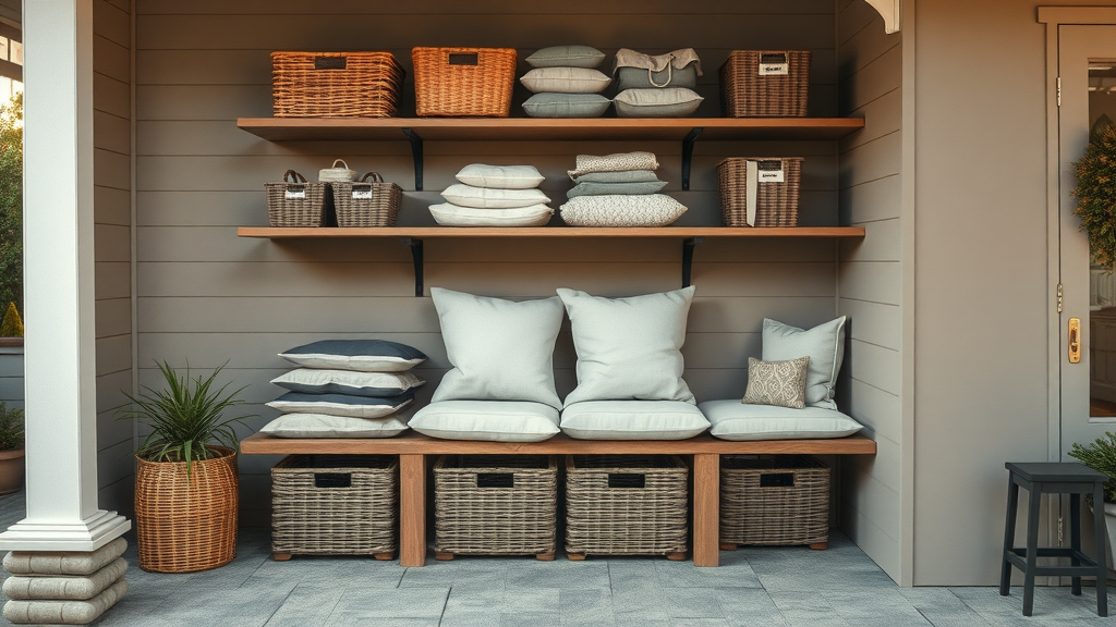 organized storage bench for patio furniture covers and cushions, keeping outdoor living accessories neat and protected