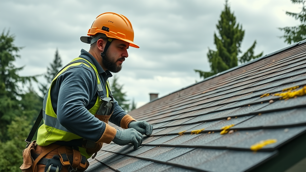 Expert roofer in Mill Creek Washington repairing a roof in lush rainy weather