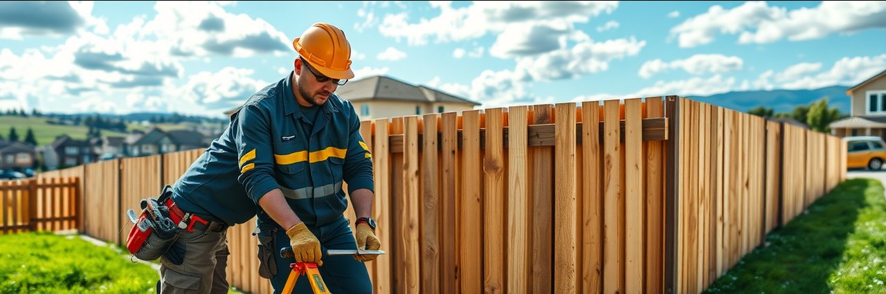Fencing contractors near Newbury Park, CA installing a wooden fence in a suburban neighborhood.