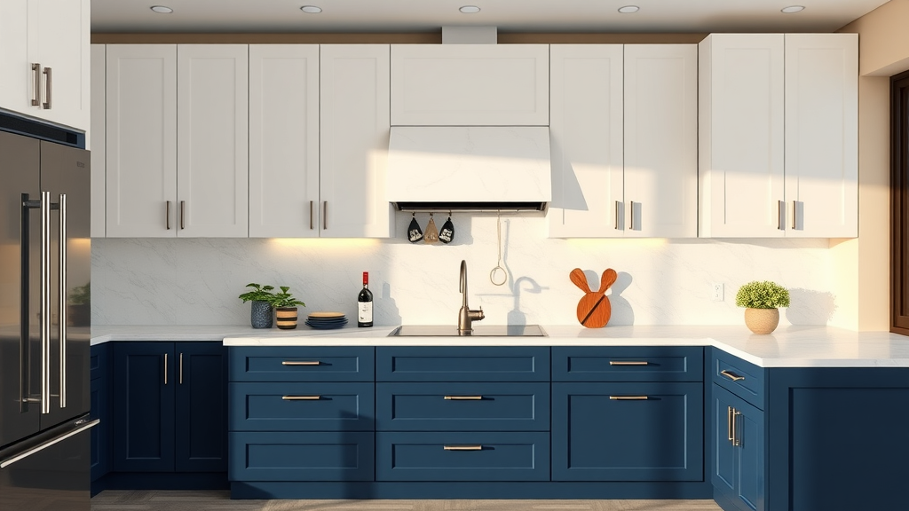 Kitchen cabinet painting transformation with blue and white cabinets