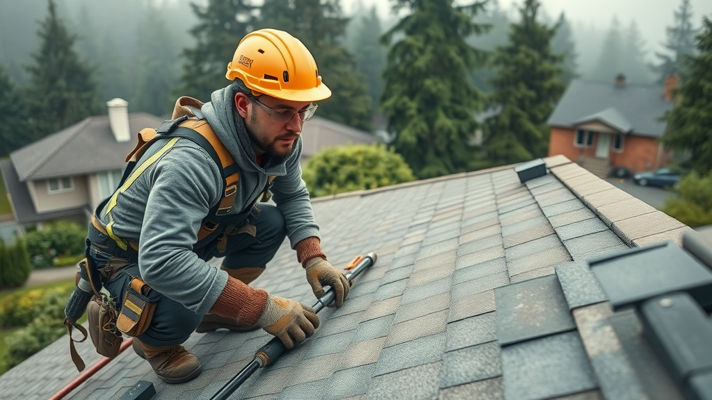 Experienced roofer in Clackamas Oregon inspects house roof with lush background