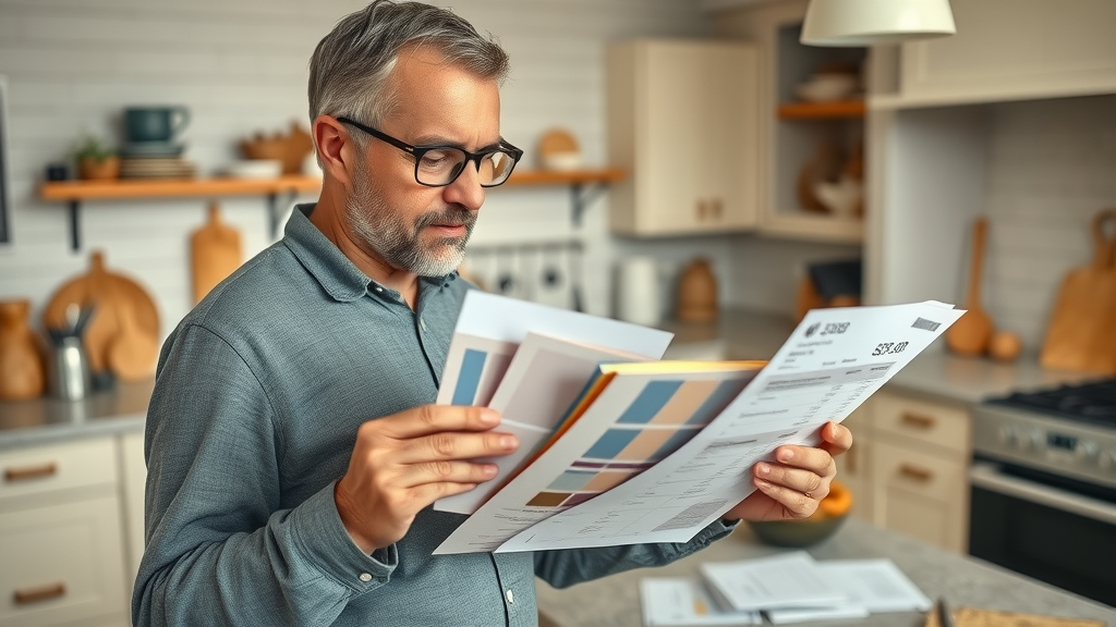 budget-conscious kitchen remodel kitchen remodeling homeowner reviewing material samples and color swatches