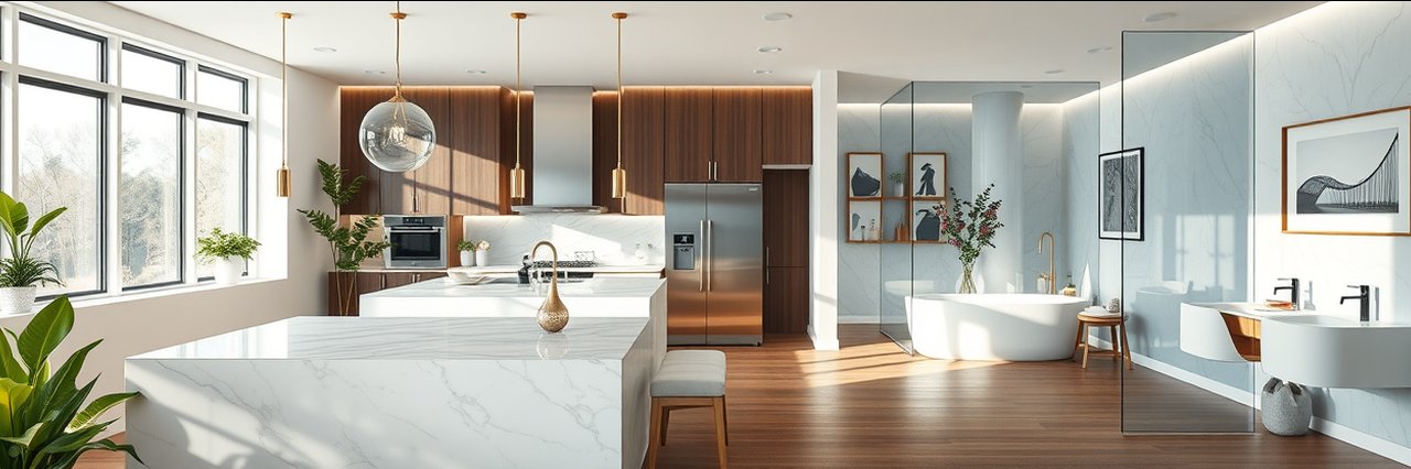 Modern kitchen and bathroom renovation by a San Diego remodeling company, sunlight, sleek design.