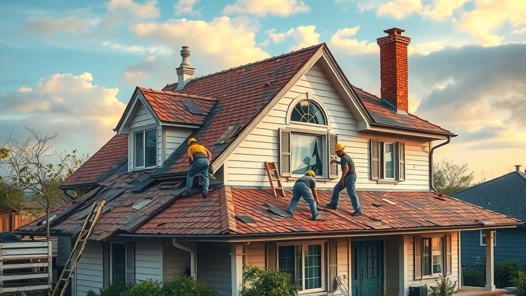 Roof replacement services in action repairing storm-damaged home roof.