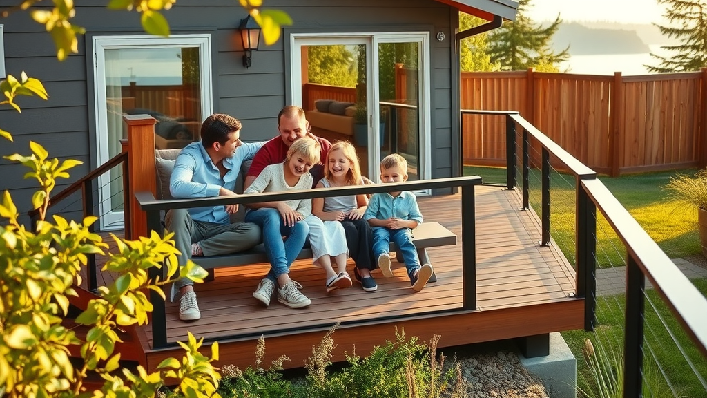 Happy family on new deck installed by Optima Fence and Deck in Mercer Island, WA