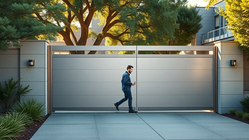Modern automatic gate installation with technician in Palo Alto, California home.