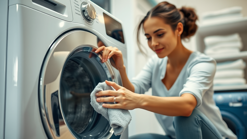 Homeowner cleaning washing machine drum as part of DIY home maintenance for appliances