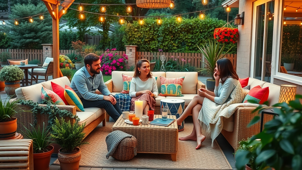 colorful patio with pillows, throw blankets, string lights, rug, and plants, creating a comfortable and stylish outdoor living space