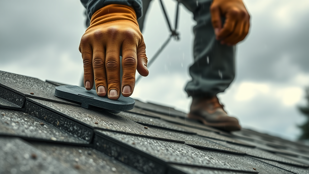 Roofer in Clackamas Oregon replaces old roof shingles under cloudy Pacific Northwest sky