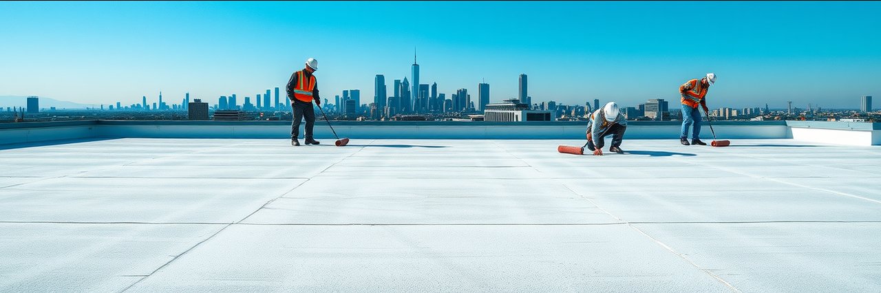 Workers applying waterproofing coatings to an industrial rooftop in bright daylight