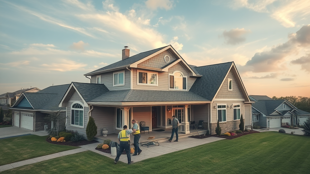 Residential roofing services team installs durable roof on new family home