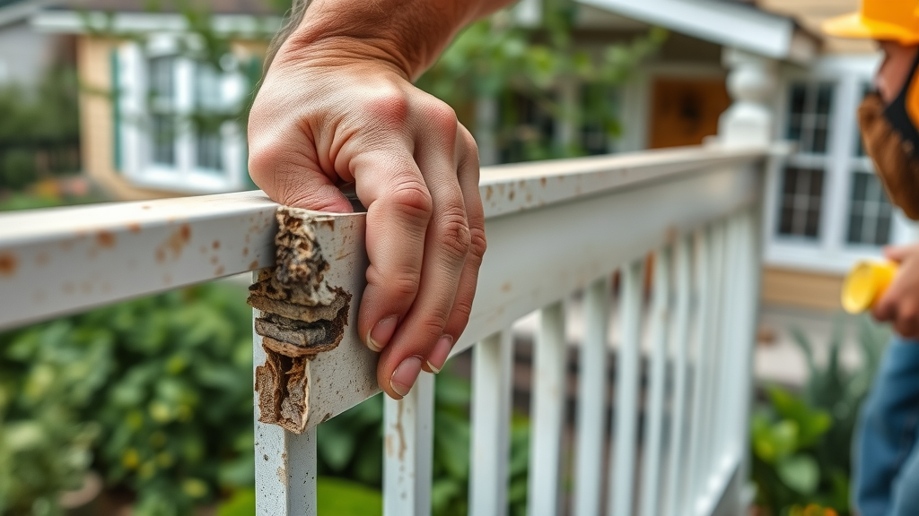 Expert hands repairing cracked balcony railing for North Highlands home.