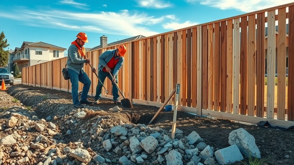 Fence professionals replace old fence in Rocklin, CA 95765 rocky soil terrain.