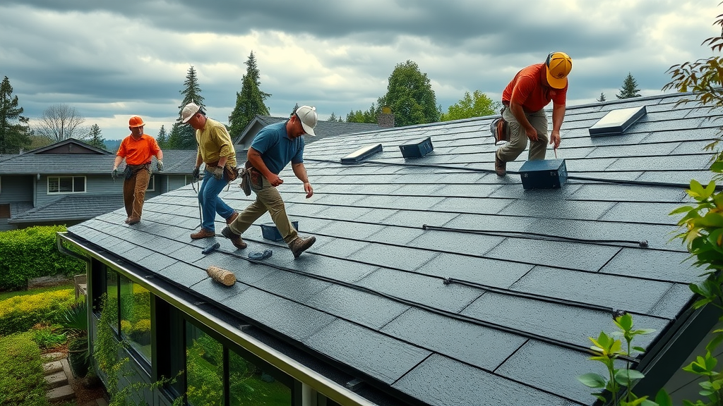 Roofers in Tukwila WA installing new roof shingles on a rainy day, professional service.