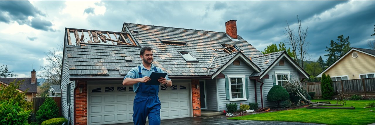 Storm roof damage restoration in McKinney, Texas with worker inspecting damaged shingles.
