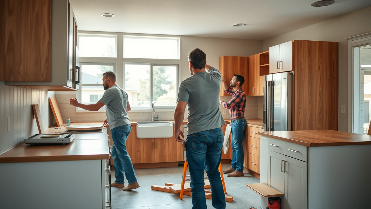 Professional remodeling company in Fresno installing flooring and cabinets