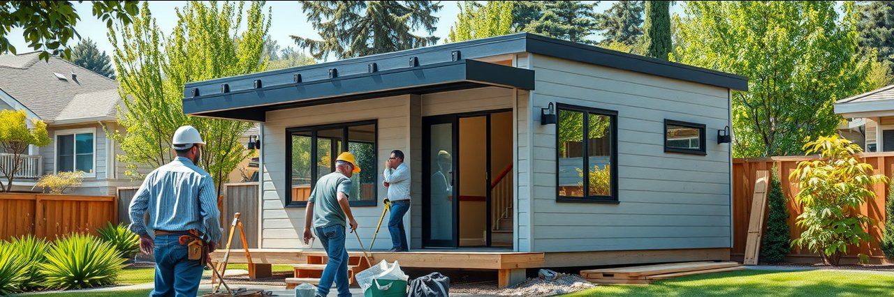 ADU construction contractor in Sacramento, CA building modern accessory unit outdoors.