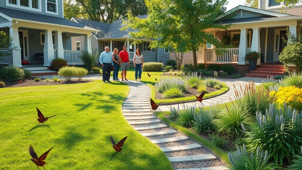 before and after of front yard transformed from grass to sustainable low-maintenance landscaping with permeable path and diverse planting