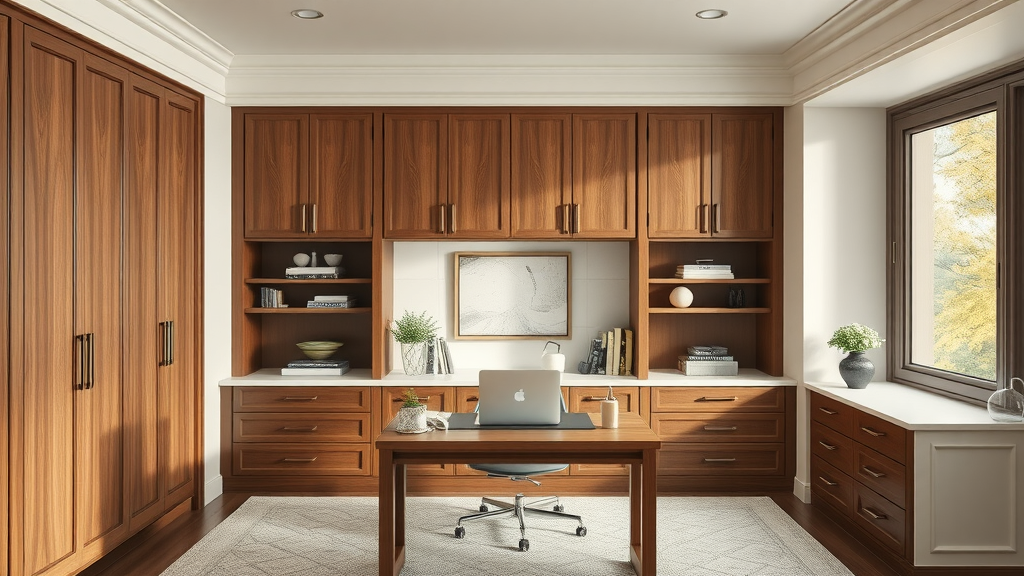 Bespoke hardwood custom home office cabinets enhance room organization.
