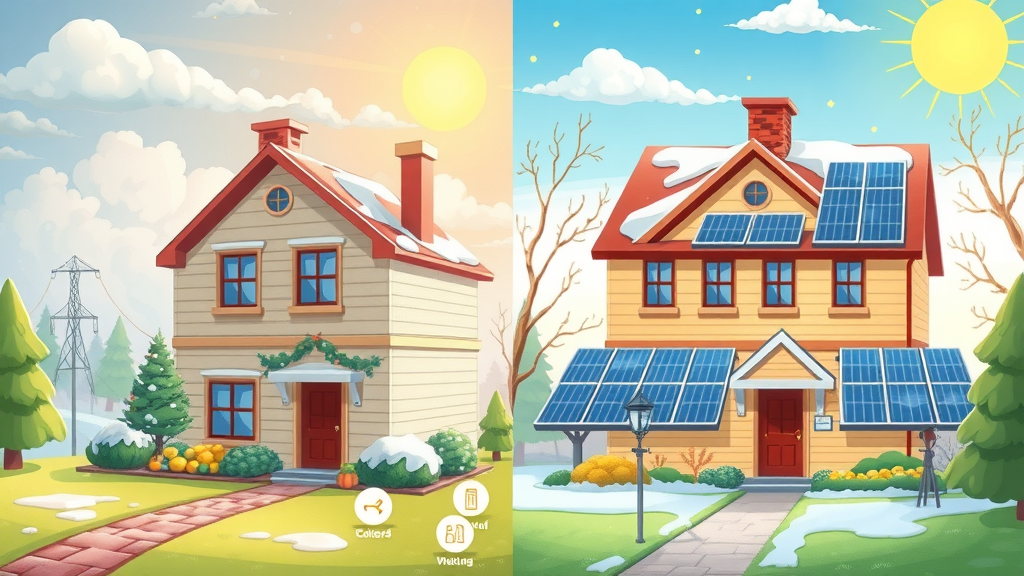 Split illustration showing home with solar panels in winter and summer, debunking seasonal solar power myths