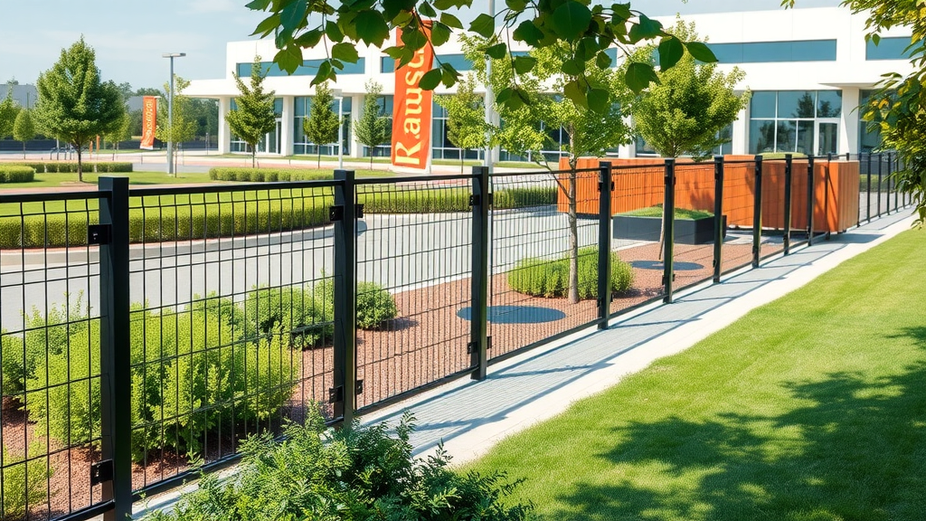 Modern business property showcasing various commercial fencing solutions in daylight
