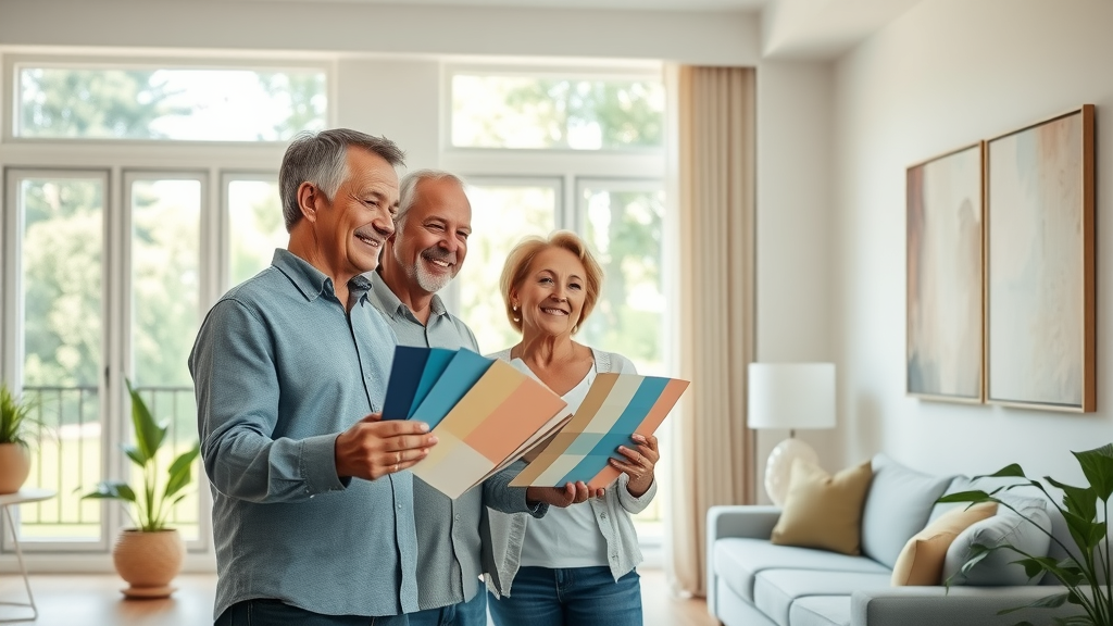 happy couple admiring newly painted living room, residential painting solutions