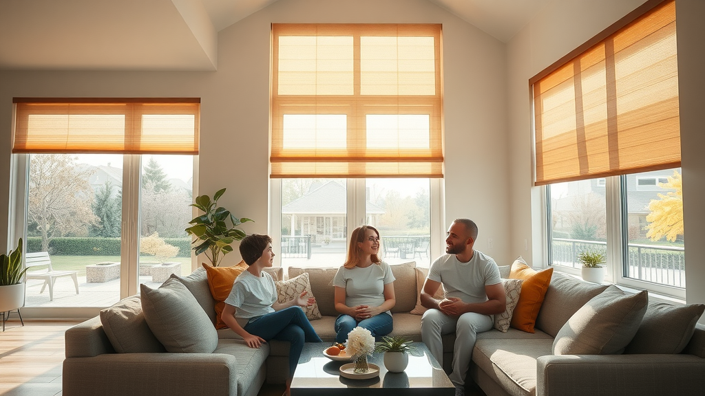 Inviting modern living room with sunlight streaming through stylish cellular shades, blinds and shades, window treatments, comfort and energy efficiency