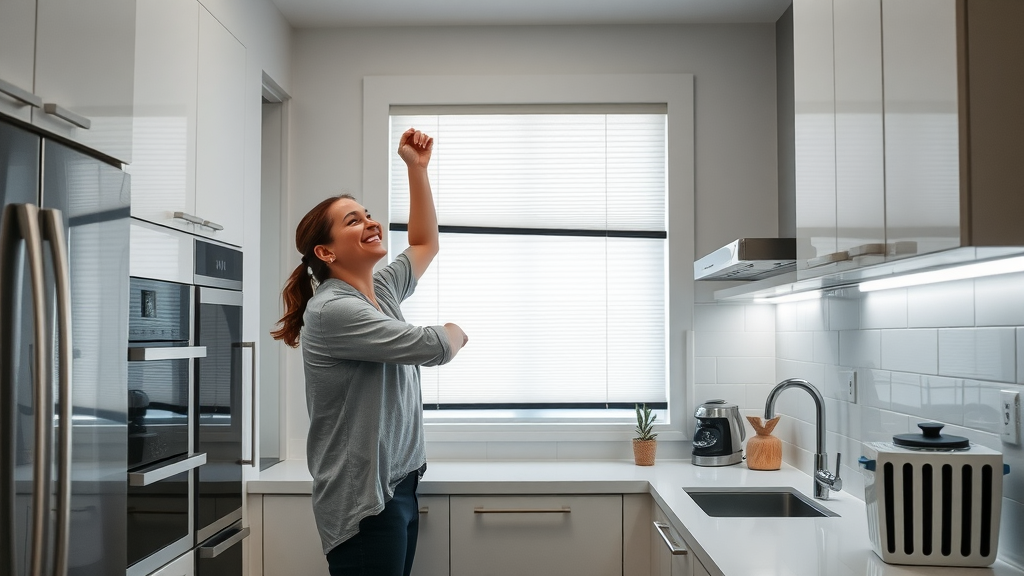 Homeowner installing light-filtering cellular shades in a modern kitchen, cellular shades, energy efficiency, stylish window coverings