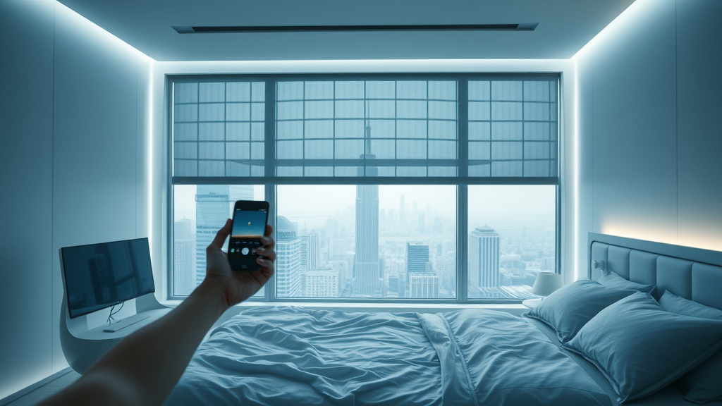 User controlling smart motorized blinds and shades via phone in a futuristic minimalistic bedroom, smart window treatments, motorized blinds