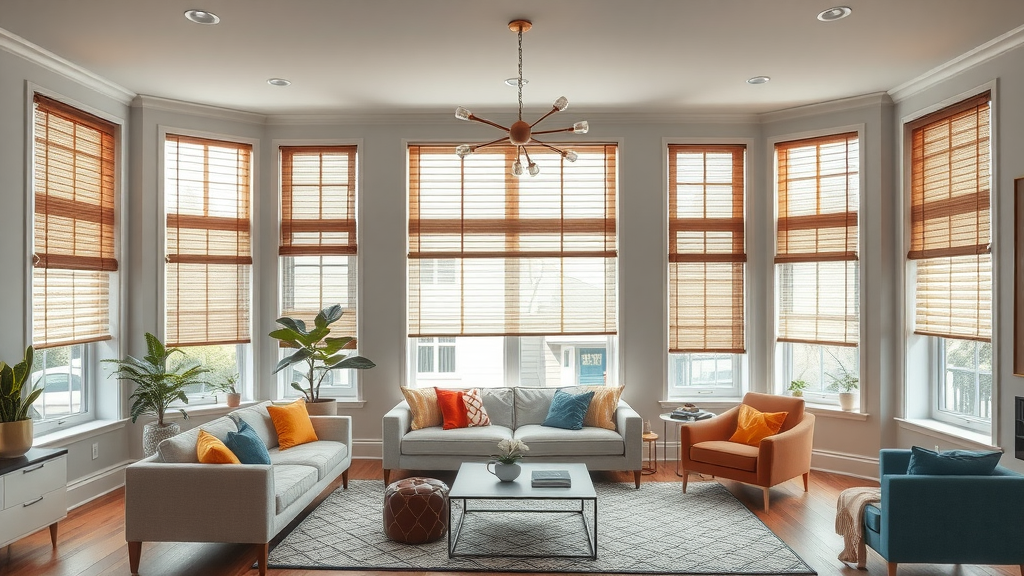 Open-concept living space with each window showcasing a different trending blind or shade, modern window coverings, 2024 window treatment trends