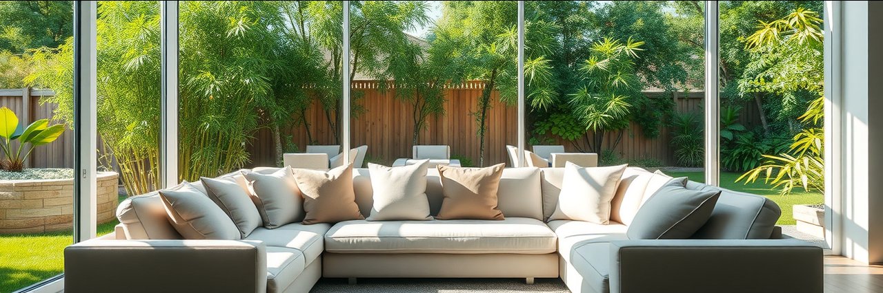Bright living room with sparkling clean windows after house washing services in Austin, Texas.