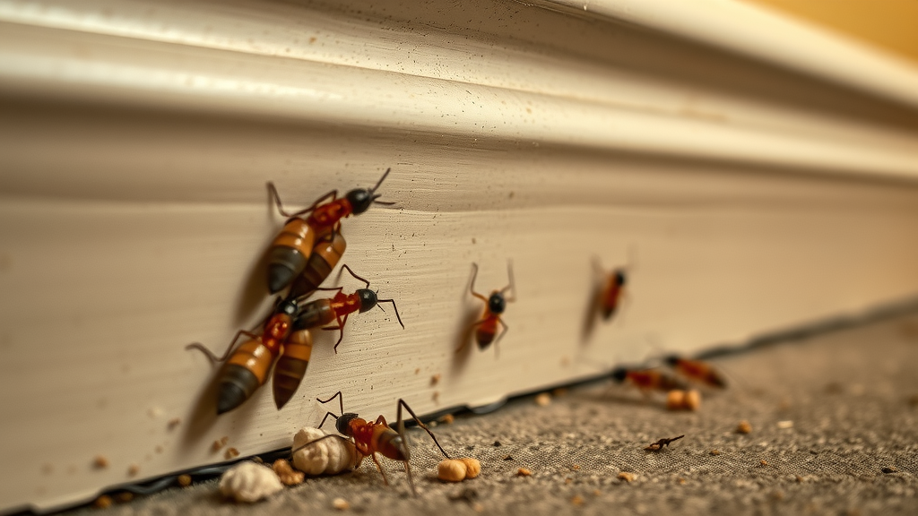 termite mud tubes and wings on interior baseboard, warning signs for termite infestation