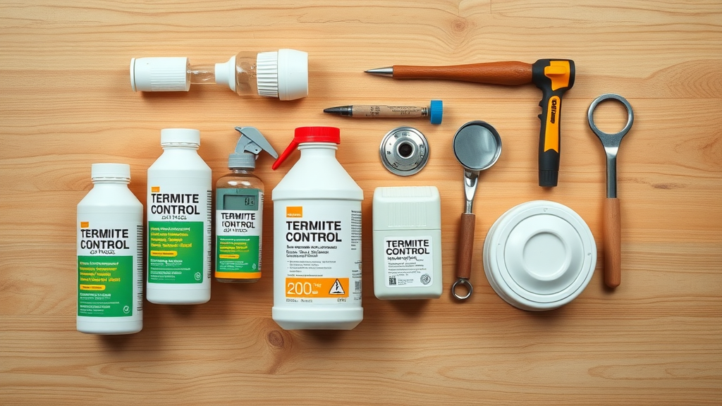 flat lay of essential termite control products and tools for home inspections