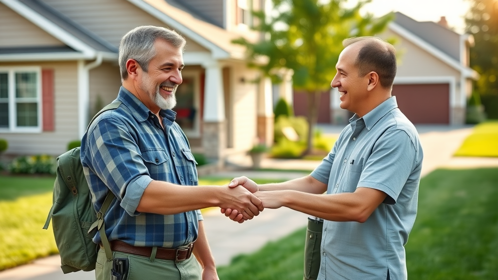 happy homeowner shaking hands with pest control expert after termite control treatment