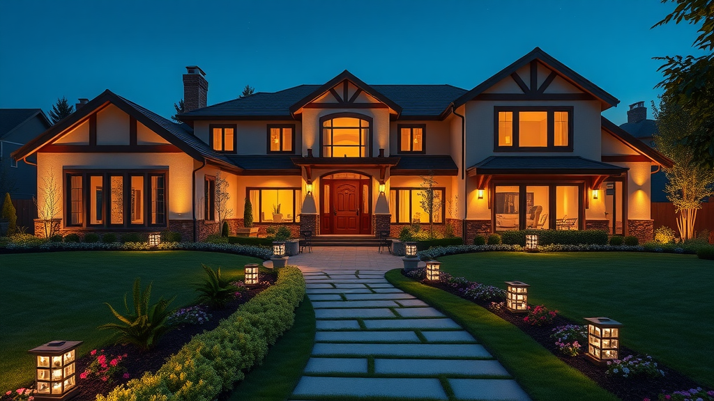 Modern home in Richland Hills showcasing LED exterior lighting at twilight.
