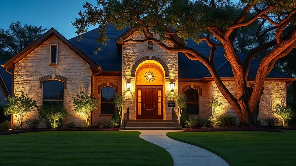 LED lights enhance architecture and landscape of Richland Hills, TX home at dusk.