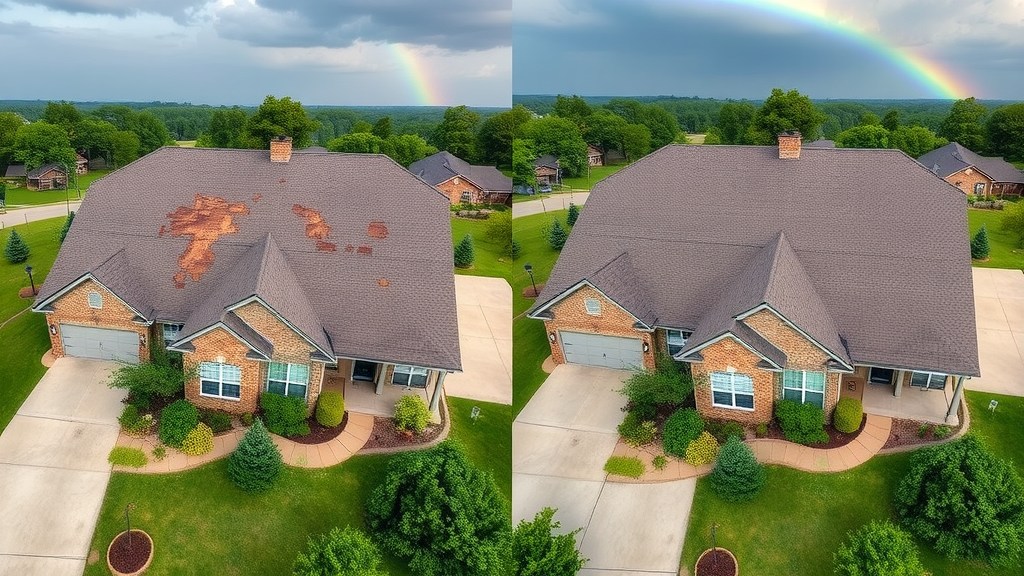 Aerial before-and-after image of roof replacement in Edmond OK showing dramatic upgrade