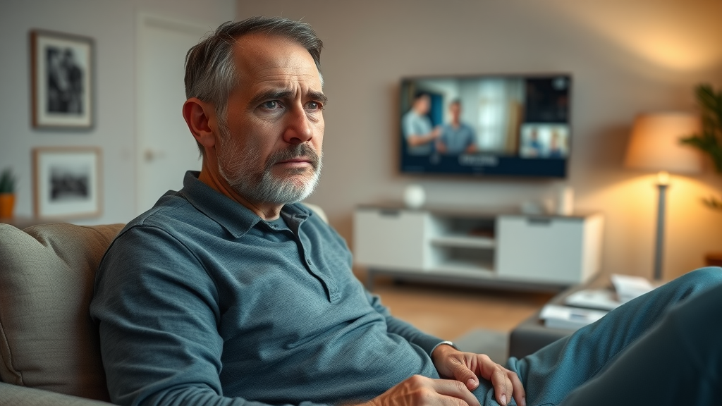 anxious homeowner viewing security camera footage, worried expression, modern living room, security cameras setup manuals, security cameras