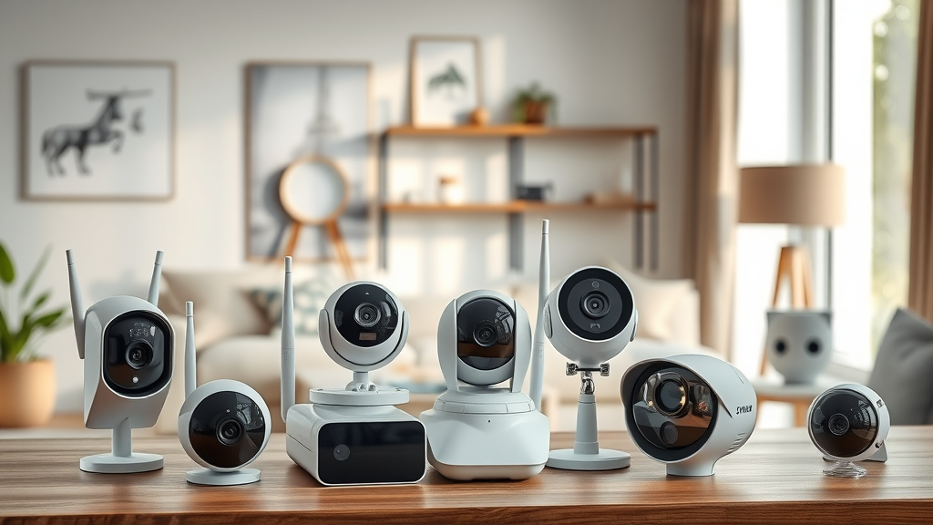selection of wired, wireless, IP camera, and outdoor cam security cameras on a table, security cameras