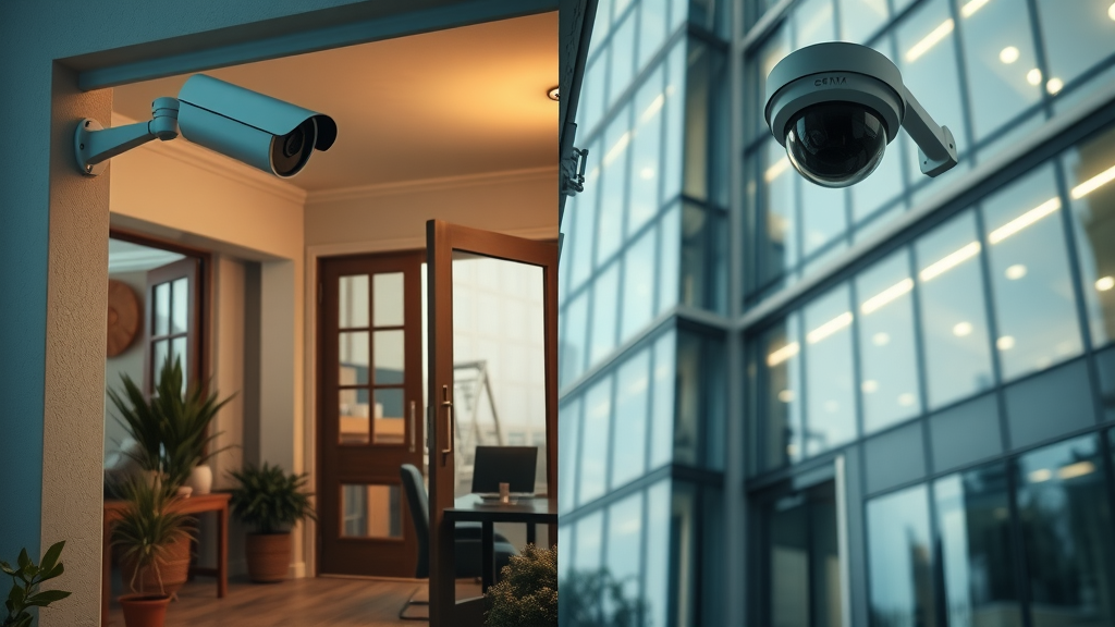 split of home and business security cameras, installation in both settings, home security cameras and business security camera systems