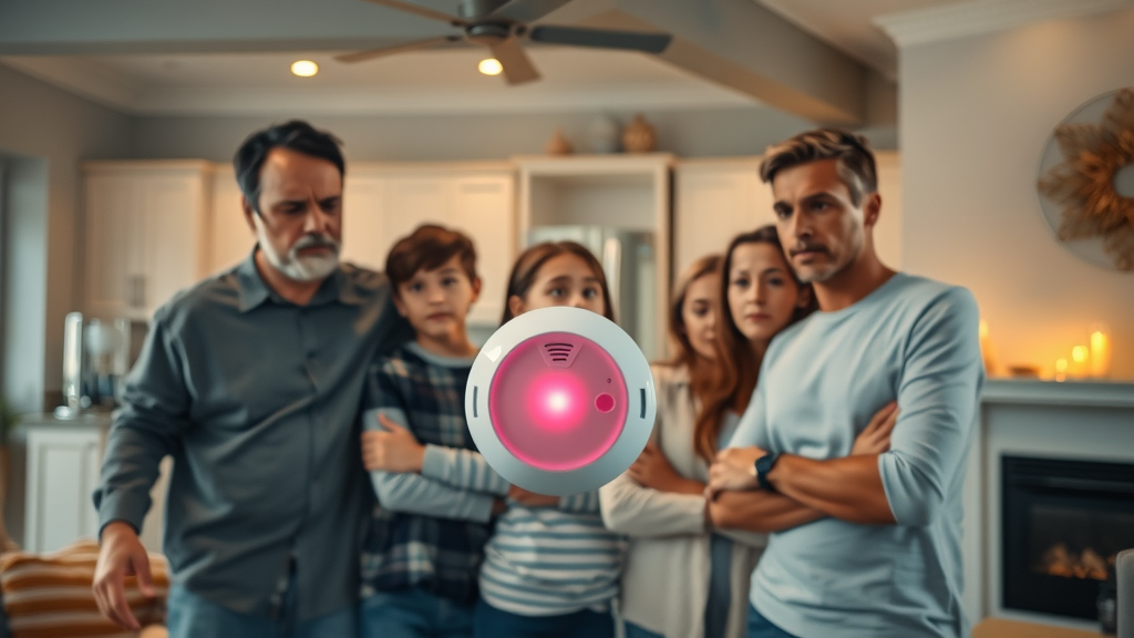 A worried family in a modern home watching a carbon monoxide detector flashing a warning, with anxious expressions. Carbon monoxide detectors protect against hidden dangers from appliances and fireplaces.
