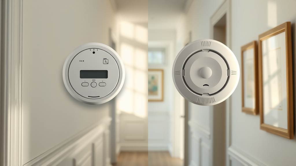 Wall-mounted carbon monoxide detector and smoke detector installed side by side, visually showing the difference and importance of each for home safety.