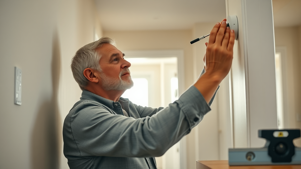 A responsible homeowner installing a carbon monoxide detector on the wall in a bright hallway, demonstrating proper setup of a carbon monoxide detector for home protection.