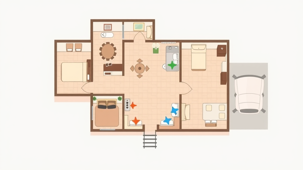 Home floor plan aerial illustration highlighting the best locations for carbon monoxide detectors, such as sleeping areas and each level of the house, reinforcing correct detector placement.