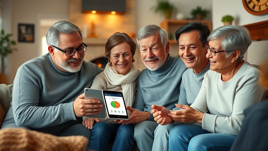 A smiling multi-generational family in a cozy living room, sharing safety tips from a tablet displaying a carbon monoxide detector app, symbolizing home security and informed safety practices.