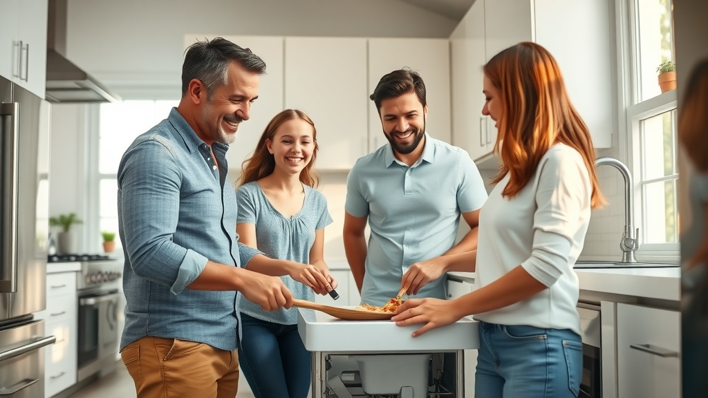 Modern, spacious kitchen environment with garbage disposal and family enjoying easy meal cleanup, garbage disposals