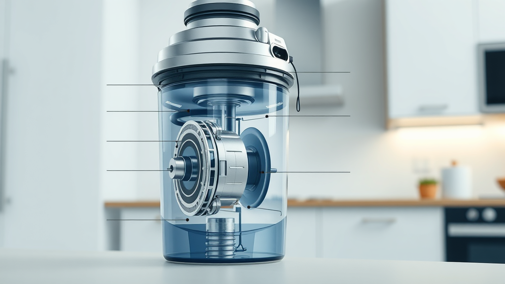 Cross-section diagram of garbage disposal unit with labeled parts, disposal unit technology